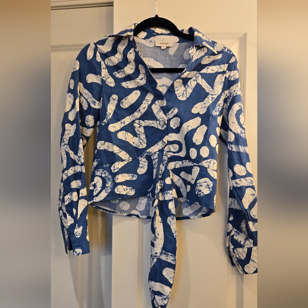 Haute Hippie Blue and White Abstract Long Sleeve Top